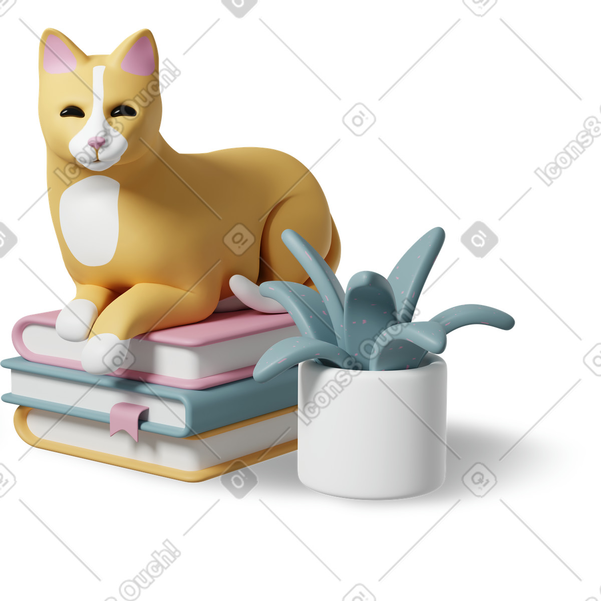 Cat resting on stacked books with potted plant, cozy reading nook and relaxation illustration in 3D Casual life style download in PNG, SVG