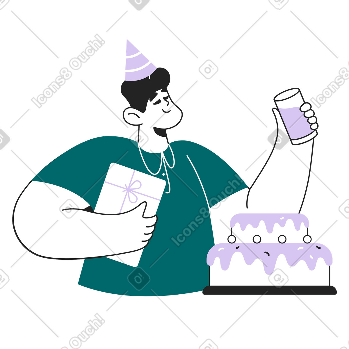 Party guest with wrapped gift beside cake, special event celebration illustration in Sammy Line style download in PNG, SVG