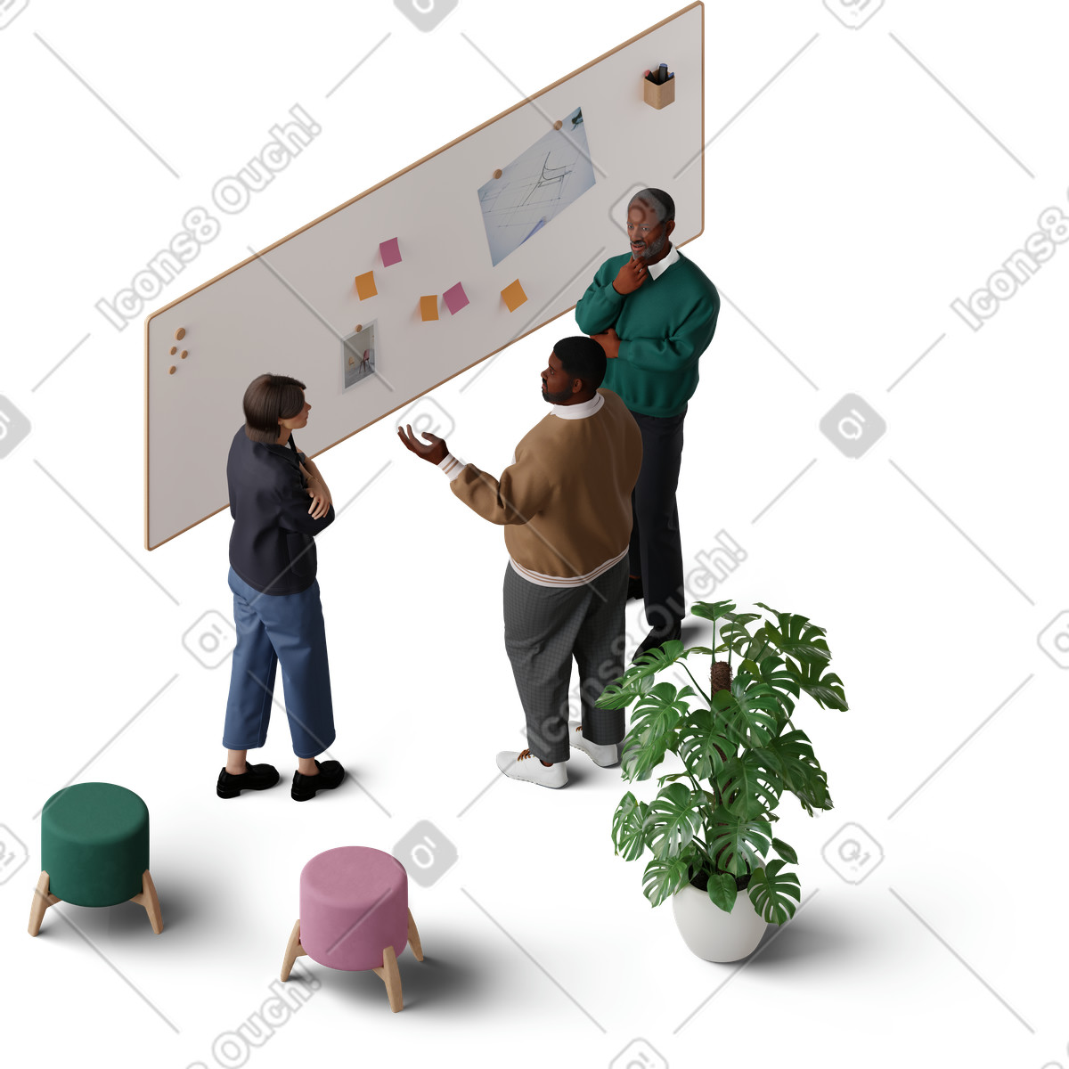 Isometric view of colleagues discussing work project illustration discussion clipart image PNG, SVG, GIF