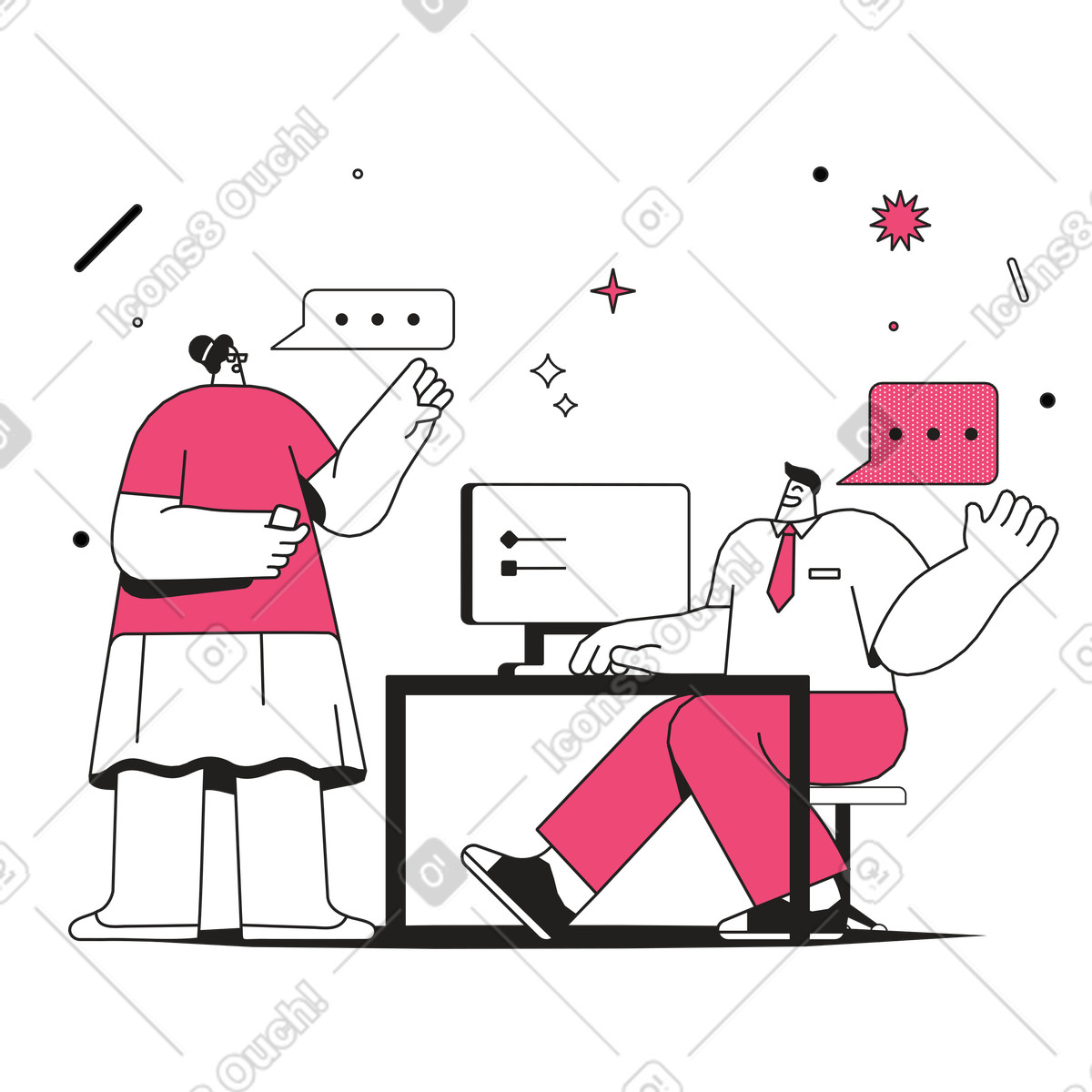Coworkers chatting at office, Business communication and feedback illustrazione in stile Dazzle Line scarica in PNG, SVG