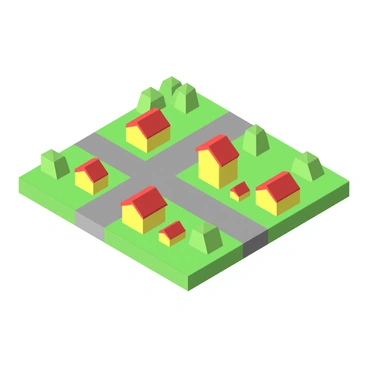 A suburban neighborhood map featuring various houses, clearly defined streets, and green parks.