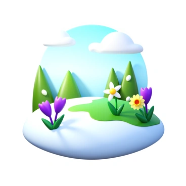 A snowy landscape with a blanket of white snow covering the ground. As the snow gradually melts, patches of green grass begin to emerge. Brightly colored spring flowers such as crocuses and daffodils push through the thawing earth, displaying vibrant hues of purple, yellow, and white. A soft sunlight filters through the clouds, casting gentle shadows on the melting snow and blooming flowers. Fresh green buds can be seen on the trees in the background, signaling the arrival of spring.
