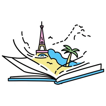 An open book with pages fluttering in the wind. From the pages, various travel destinations emerge, including a vibrant Eiffel Tower, a serene beach with palm trees, and a snowy mountain peak. Each destination has distinct colors and shapes. The Eiffel Tower is a tall, intricate structure, while the beach displays soft waves and fine sand. The mountain features sharp edges and is capped with snow. A few small clouds float around the scenes, enhancing the sense of adventure.