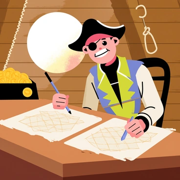 A cartoon pirate with a tricorn hat and a patch over one eye is sitting at a wooden table on an ancient ship. The pirate is holding a quill and is intently sketching treasure maps on a large piece of parchment. The ship's interior is filled with barrels and ropes. Sunlight is streaming through a small round window, illuminating the pirate's work. In the background, a treasure chest overflowing with gold coins is visible, adding to the adventurous atmosphere.