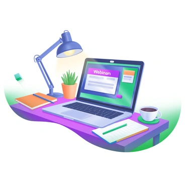 A close-up view of a desktop workspace featuring a laptop with a "Webinar in Progress" screen displayed. The laptop keyboard is visible, with a cup of coffee placed next to it. Surrounding the laptop are notebooks and a pen, while a small potted plant adds a touch of greenery to the scene. A soft glow from a desk lamp illuminates the workspace, creating a warm atmosphere.