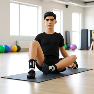 A young athlete with short, dark hair and a determined expression is performing stretching exercises in a bright, open gym. He is dressed in a fitted black athletic shirt and shorts, showcasing his muscular build. He is seated on a yoga mat, with one leg extended forward and the other bent at the knee. His foot is equipped with a supportive brace, highlighting the recent knee replacement. In the background, there are various fitness equipment and exercise balls, adding to the gym atmosphere.