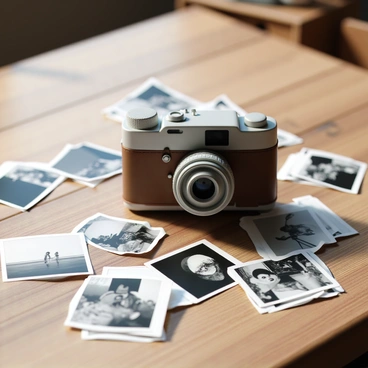 An old-fashioned camera, featuring a vintage design with a leather exterior and a large lens, is placed on a rustic wooden desk. The desk has visible grain and texture, enhancing its antique appeal. Surrounding the camera are scattered black-and-white photos, some slightly curled at the edges, showcasing various moments captured in time. The photos are placed haphazardly, with a few overlapping, while soft natural light illuminates the scene, creating subtle shadows on the desk.