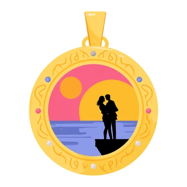 A locket featuring an ornate gold frame, slightly open to reveal a circular photo inside. The photo depicts a couple standing close together at sunset, silhouetted against a vibrant orange and pink sky. They are on a cliff, with the deep blue ocean visible below. The couple is smiling, with their hair gently blowing in the wind. The locket has intricate designs etched into the gold, and small gemstones are embedded along the edges, catching the light.