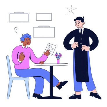 A person sitting at a small, round table in a café. The table is adorned with a simple white tablecloth and a small vase containing a single flower. A waiter stands beside the table, dressed in a neat black uniform. The waiter is handing a menu to the person, with one finger subtly pointing to the specials section of the menu. The person looks attentive, with a hint of curiosity in their expression. The café interior features bright lighting and minimalist decorations on the walls.