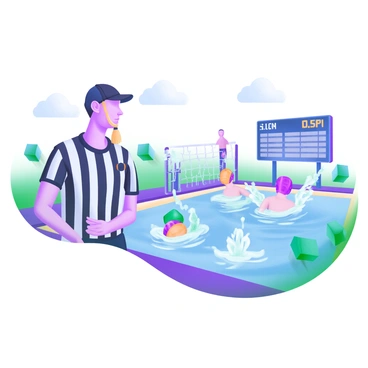 A poolside scene featuring a water polo referee attentively observing the match. The referee is wearing a black and white striped uniform, complete with a whistle hanging from their neck. They are standing beside the pool, focused on the game unfolding in the water. Surrounding the referee are splashes of water as players compete, with colorful water polo caps visible on the athletes. A scoreboard in the background displays the current score, and a few spectators can be seen cheering from the sidelines.