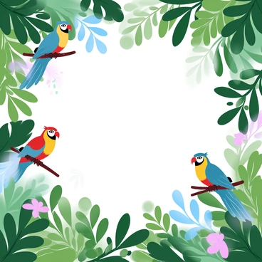 A vibrant rainforest canopy filled with a variety of lush green leaves and branches. Multiple colorful birds are perched among the foliage, showcasing bright feathers of blue, red, yellow, and green. Sunlight filters through the dense leaves, creating dapples of light and shadow on the vibrant greenery below. Various shapes of leaves and floral elements add depth to the scene, enhancing the rich biodiversity of the rainforest environment.