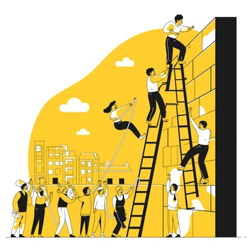 A group of refugees is climbing over the Berlin Wall, showcasing determination and urgency. One person is positioned at the top, looking back with a focused expression, while others are scaling the wall using makeshift ladders and ropes. A young child is being lifted by an adult, their faces reflecting a mixture of fear and hope. In the background, the remnants of the wall stretch out, surrounded by a stark urban landscape. Some figures on the ground are watching intently, while others are helping the climbers by handing them supplies. A tense atmosphere envelops the scene, emphasizing the struggle for freedom.