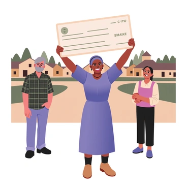 A small business owner is standing proudly in the center of a rural village, holding a large check that symbolizes the funds received from a micro-lending initiative. The owner is a woman with medium skin, wearing a vibrant blue dress and a matching headscarf. She has a joyful expression on her face. Surrounding her are supportive community members, each with a warm smile. There is an older man with gray hair and a plaid shirt on her left, and a young woman with dark skin and braids on her right, wearing a colorful blouse. In the background, there are traditional village houses made of mud and thatch, along with green fields and trees, enhancing the sense of community and support in the scene.