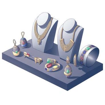 A display of ancient Egyptian jewelry arranged elegantly on a dark surface. The collection includes intricate gold necklaces featuring hieroglyphics and symbolic designs. There are ornate bangles crafted with elaborate engravings and adorned with colorful gemstones such as lapis lazuli, turquoise, and carnelian. Intricate earrings shaped like scarabs dangle gracefully, showcasing meticulous craftsmanship. The scene captures the opulence and historical significance of the jewelry, highlighting the artistry of ancient Egyptian culture.