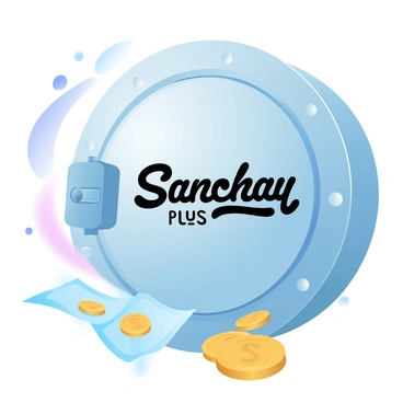 A large, heavy vault door is prominently displayed, featuring intricate metalwork and a robust locking mechanism. The door is adorned with the "Sanchay Plus" logo, which is prominently placed in the center. Surrounding the vault door are various gold coins and banknotes, suggesting wealth and secure savings. The scene is illuminated with soft, gradient pastel colors, enhancing the sense of security and prosperity.
