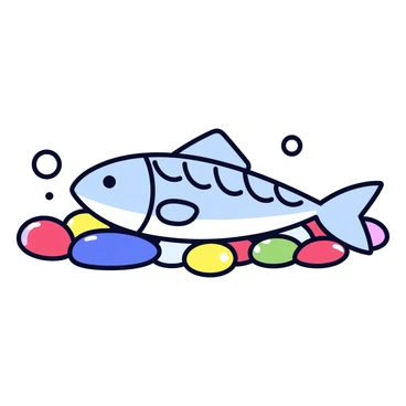 A minnow with shiny scales and a streamlined body resting on a bed of colorful pebbles. The pebbles include shades of red, blue, yellow, and green, creating a vibrant landscape. Soft light filters through the water, casting gentle shadows on the pebbles. Tiny bubbles rise slowly around the minnow, enhancing the sense of an underwater environment.