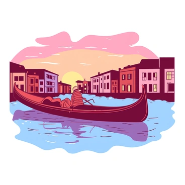 A red gondola is gently floating through the calm waters of a canal in Venice. The sky is filled with hues of orange and pink as the sun sets, casting a warm glow over the scene. The gondola is adorned with a golden trim and has a single person inside, wearing a traditional striped shirt and a straw hat, peacefully steering the boat. Reflections of the colorful buildings lining the canal shimmer on the water's surface, enhancing the tranquil atmosphere.