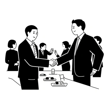 A businessman wearing a dark suit and a light-colored dress shirt is standing with a confident posture. He is shaking hands with another professional, who is dressed in a tailored suit with a patterned tie. Both men are making eye contact, conveying a sense of mutual respect. In the background, there are groups of people engaged in conversation, with some holding business cards. There are tables set with refreshments, including glasses of water and plates of hors d’oeuvres.