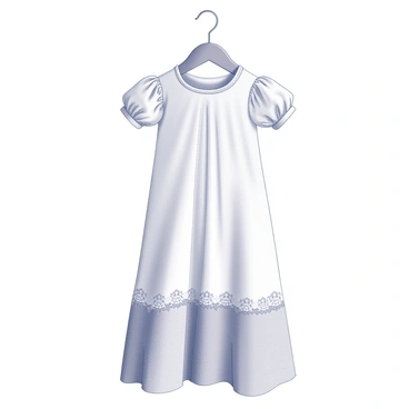 A delicate white baptism gown with lace details hanging on a wooden hanger