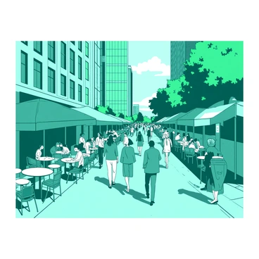 A teal street is filled with many pedestrians walking in various directions. On both sides of the street, there are outdoor cafes with tables and chairs, some occupied by patrons enjoying their drinks. The cafes have large umbrellas providing shade, and people are engaged in conversations. In the background, there are tall buildings with large windows reflecting the sunlight. A few trees line the walkway, adding greenery to the vibrant scene.