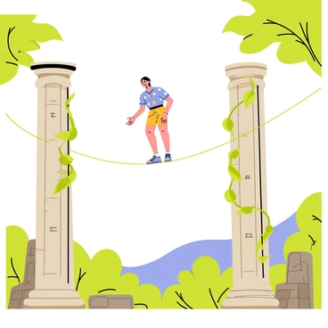 A tightrope walker crossing between two ancient stone columns in a mysterious archaeological site