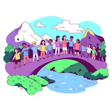 A vibrant scene depicting a bridge made entirely of people holding hands, uniting two separate lands. The individuals are arranged in a continuous line, creating the structure of the bridge with their intertwined arms. On one side of the bridge, the ground is covered in lush green grass, dotted with colorful flowers. On the opposite side, a rocky terrain rises, leading to a distant mountain. The faces of the people show expressions of joy and determination, symbolizing unity. The sky above is bright with a mixture of colors, enhancing the overall atmosphere of connection and togetherness.