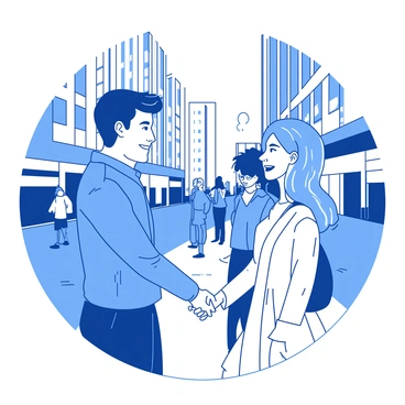 Two people shaking hands with trustful expressions in a bustling city street