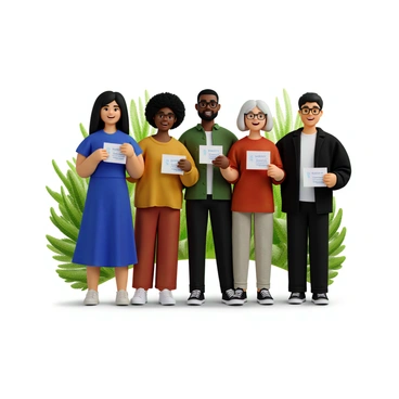 A group of five diverse customers standing together, all displaying bright smiles. Each person is holding a referral coupon in their hands. The group includes an Asian woman with long black hair wearing a blue dress, a Black man with a short beard dressed in a green shirt, a Latinx woman with curly hair wearing a yellow top, a White woman with glasses and a red blouse, and a Middle Eastern man wearing a black jacket. They are standing in a brightly lit outdoor setting, surrounded by greenery.