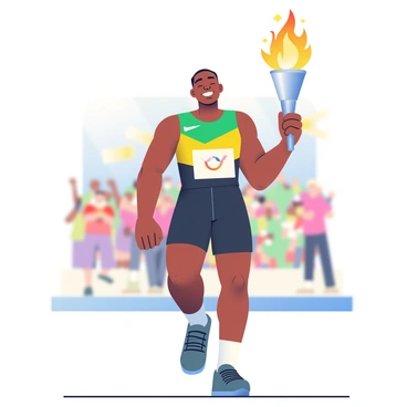 Usain Bolt, a tall man with dark skin and a muscular build, is standing in a dynamic pose while carrying the Olympic torch. His facial expression is one of pride and determination, showcasing his bright smile and focused eyes. He is wearing a fitted athletic uniform that is predominantly black with accents of yellow and green, reflecting the colors of his home country. The Olympic torch, held high in his right hand, is emitting a bright flame, illuminating his face. In the background, there are blurred figures of cheering fans, adding to the celebratory atmosphere. The scene conveys a strong sense of achievement and sportsmanship.
