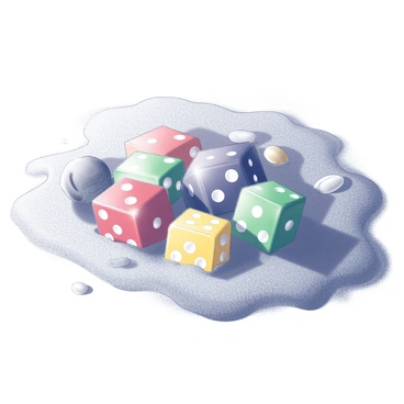 A collection of colorful dice, partially buried in coarse sand. The sun casts light across the beach, creating distinct shadows around the dice. The sand grains are textured, with some small shells scattered nearby. The scene conveys a sense of a playful game left behind, with the glint of sunlight reflecting off the dice surfaces.
