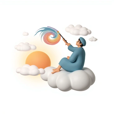 An artist on a cloud painting the sky with colorful brushstrokes