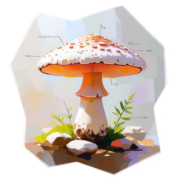 A large mushroom stands prominently in the center of the illustration, showcasing its intricate anatomy. The cap is broad and umbrella-shaped with distinct gills underneath, capturing the fine details of its texture and color variations, ranging from deep browns to lighter tan hues. The stem is thick and sturdy, exhibiting a network of fine fibers and subtle color gradients. Surrounding the mushroom are delicate botanical elements, including green moss and small ferns, creating a natural setting. The background features softly blurred hints of forest foliage, enhancing the focus on the mushroom itself, while labels indicate various parts of the mushroom anatomy, such as the cap, gills, and stem, in a clear, elegant font.