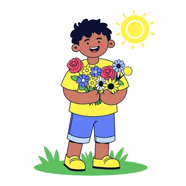 A joyful child with a big smile stands in a grassy field. The child is wearing a bright yellow shirt and denim shorts. In their hands, the child is holding a bouquet of colorful flowers, including red roses, blue daisies, and yellow sunflowers. The flowers are vibrant and full of life, showcasing a variety of shapes and sizes. The sunlight creates a warm glow around the child, enhancing the cheerful atmosphere.