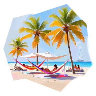 A beach resort scene featuring tall, lush palm trees swaying gently in the breeze. In the foreground, there are several colorful hammocks strung between the palms, with guests lounging comfortably inside them. Some guests are sunbathing on beach towels on the soft sand, while others are seated at nearby tables enjoying refreshing drinks. The sea is a vibrant blue, with gentle waves lapping at the shore, and a few sailboats are visible in the distance under a clear sky.