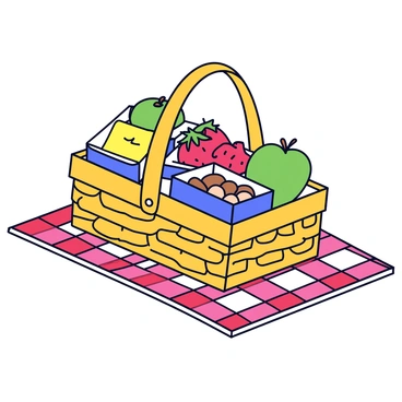 A picnic basket filled with fruit and snacks, all in 3D box shapes