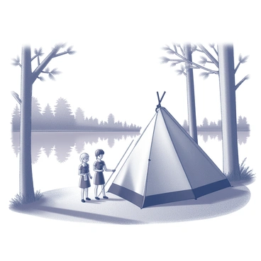 A group of three figures, resembling fashion dolls, is gathered near a large tent that is being set up beside a lake. The tent is partially erected, with two poles and a few stakes visible, while one doll is holding a tent pole upright. The lake is calm and reflective, bordered by a line of tall trees with detailed trunks and foliage surrounding the scene. The background features a mix of tree branches and leaves, framing the lake area, while the sun casts gentle shadows on the ground.