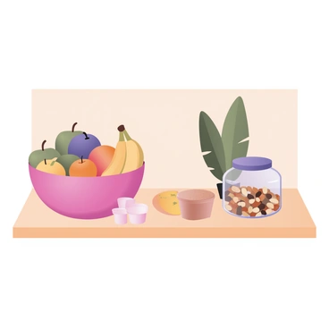 A digital flat illustration of a healthy snack station in a coworking kitchen. The station features a variety of fresh fruits including apples, bananas, and oranges arranged in a large, colorful bowl. Next to the fruit bowl, there is a clear glass container filled with mixed nuts, showcasing almonds, walnuts, and cashews. The counter is made of light wood, and there are small paper cups placed nearby for easy serving. A green plant is positioned in the background, adding a touch of greenery to the kitchen space. The walls are painted in a soft, neutral tone, contributing to a bright and inviting atmosphere.