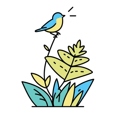 A small bird with colorful feathers is perched on a slender fern branch. The bird has a round body and a delicate beak, positioned as if it is singing. Surrounding the fern are various shades of vibrant green foliage, creating a dense and lively habitat. The leaves of the fern are spread out, showcasing intricate details and textures. Sunlight filters through the leaves, casting soft shadows on the ground below.