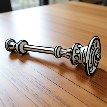 A vintage spindle, intricately designed with ornate carvings and a polished finish, is placed on a rich wooden table. The table has a smooth surface that reflects the spindle's details. The setting has soft lighting that highlights the spindle's craftsmanship, casting gentle shadows on the table. The spindle is centered, drawing attention to its elegant curves and decorative elements.