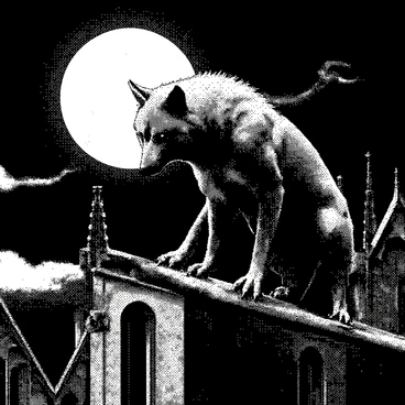 A werewolf with a muscular build is perched on the apex of a gothic cathedral rooftop. Its fur is thick and stands out against the dark night. The werewolf has sharp claws gripping the stone surface, and its piercing eyes gaze into the distance. The cathedral features intricate spires and pointed arches, accentuating its gothic architecture. The full moon illuminates the scene, casting shadows and highlighting the details of the creature and the structure. The sky is filled with wispy clouds that partially obscure the moon, adding depth to the atmosphere.