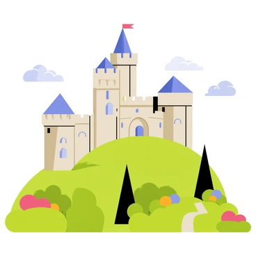 A majestic ancient castle perched atop a green hill with a strong stone structure and tall towers. The castle features large arched windows, battlements, and a flag waving at the highest point. Surrounding the castle is a dense landscape of lush greenery, including tall trees and colorful flowering bushes. A clear blue sky stretches above, with a few fluffy white clouds scattered throughout.