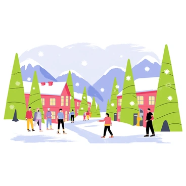 A winter scene featuring Vail Village with snow-covered rooftops. The buildings are adorned with colorful festive lights that illuminate the white snow. A pathway lined with tall evergreen trees covered in snow leads through the village. The sky above is a soft blue with fluffy white clouds. Shimmering snowflakes gently fall from the sky, creating a picturesque atmosphere. Several people dressed in winter attire happily walk along the street, enjoying the festive surroundings.