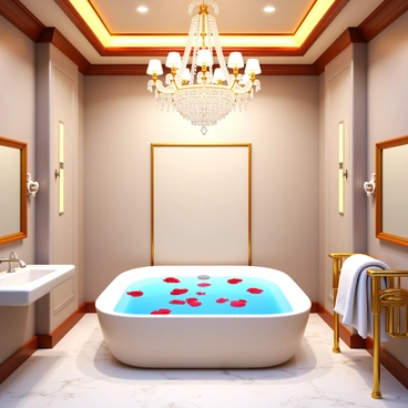 An opulent bathroom featuring a grand chandelier made of crystal hanging from the ceiling. A luxurious jacuzzi tub is positioned in the center, filled with vibrant red rose petals floating on the water's surface. The walls are adorned with elegant marble tiles, and plush towels are neatly arranged on a nearby heated towel rack. Soft ambient lighting enhances the lavish atmosphere, while a stylish vanity with an ornate mirror adds to the overall elegance of the space.