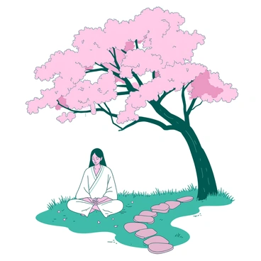 A teal cherry blossom tree with pink flowers is in full bloom, its branches gently swaying. Beneath the tree, a serene figure sits cross-legged on a soft patch of grass, eyes closed in meditation. The figure is dressed in flowing white robes, with a calm expression on their face. Scattered petals from the cherry blossom tree fall softly around them, creating a peaceful atmosphere in the garden. A small stone pathway winds through the vibrant green grass, leading to the figure beneath the tree.