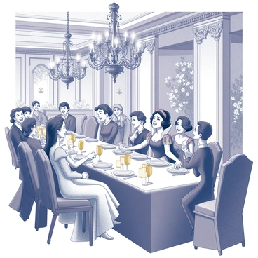 An opulent banquet hall filled with elegantly dressed guests. The room features grand chandeliers hanging from the ornate ceiling. A long, decorated table is laden with an array of luxurious dishes and golden cutlery. "Snow White" is seated at the center of the table, wearing her classic dress with a white collar, surrounded by other nobles in rich attire. The walls are adorned with intricate tapestries and floral arrangements, adding to the grandeur of the scene. Lively conversation and laughter can be observed among the guests, creating a festive atmosphere.