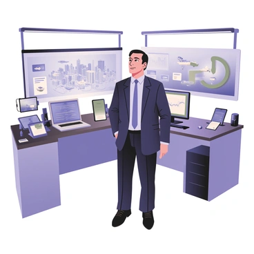 A prime minister is standing in an innovation lab, observing various futuristic technology displays. The prime minister is a middle-aged individual with short, dark hair, wearing a tailored navy suit with a light blue shirt and a matching tie. They are positioned in the center of the room, with a focused expression as they examine a holographic display projecting a 3D model of a city with flying vehicles. Surrounding the prime minister are sleek, modern workstations featuring glowing screens and various gadgets. To the left, there is a table showcasing robotic prototypes with various designs and functions. On the right, a large screen displays data analytics and graphs related to technological advancements. Bright LED lights illuminate the lab, highlighting the innovative atmosphere.