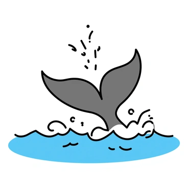 A whale's tail, prominently displayed, is splashing above the ocean surface. The tail is large and powerful, breaking through the water, sending a cascade of water droplets into the air. The droplets are glistening in the sunlight, reflecting light as they scatter around the tail. The ocean surface is choppy, with small waves surrounding the area where the splash occurs.