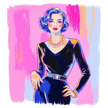 A portrait of Coco Chanel in her iconic black dress and pearls