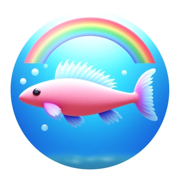 An axolotl with soft pink skin and feathery gills swimming gracefully. The body has a delicate, translucent quality, with its limbs gracefully trailing behind. Surrounding the axolotl, a vibrant rainbow arcs through the water, created by sunlight filtering through the surface. The colors of the rainbow blend harmoniously, illuminating the surrounding aquatic environment. Bubbles rise gently from the axolotl as it moves, enhancing the sense of motion in this underwater scene.