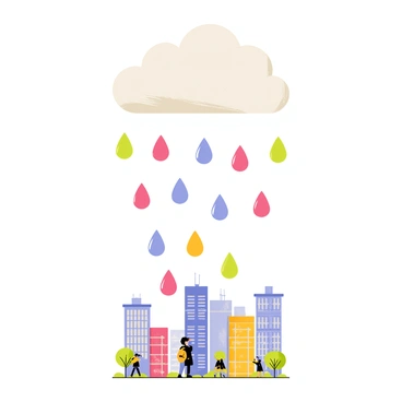 A fluffy white cloud with a soft, rounded shape hovers in the sky. From the bottom of the cloud, multiple teardrop-shaped soap bubbles are falling. Each bubble has a translucent surface that reflects shades of pink, blue, and green. Below the cloud, a bustling cityscape is visible, featuring a variety of tall buildings with colorful facades. Some buildings have windows that glimmer in the sunlight, while others are adorned with greenery. The ground is dotted with people looking up in surprise at the falling bubbles.